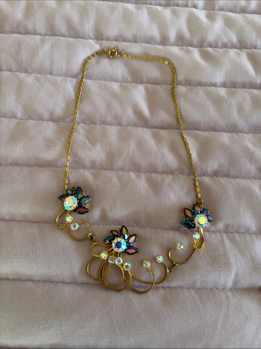 Gold-Tone Floral Crystal Statement Necklace - Iridescent Blue Accents